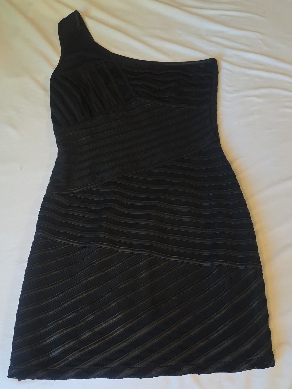 bebe One-Shoulder Black Textured Stripe Sheath Dress